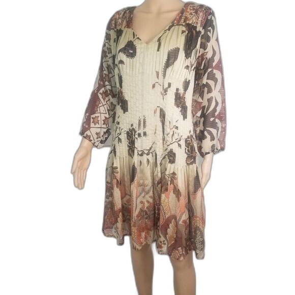 Desigual by Christian Lacroix Brown Pleated Floral Midi Long Sleeve Dress Size 8 - Picture 1 of 8